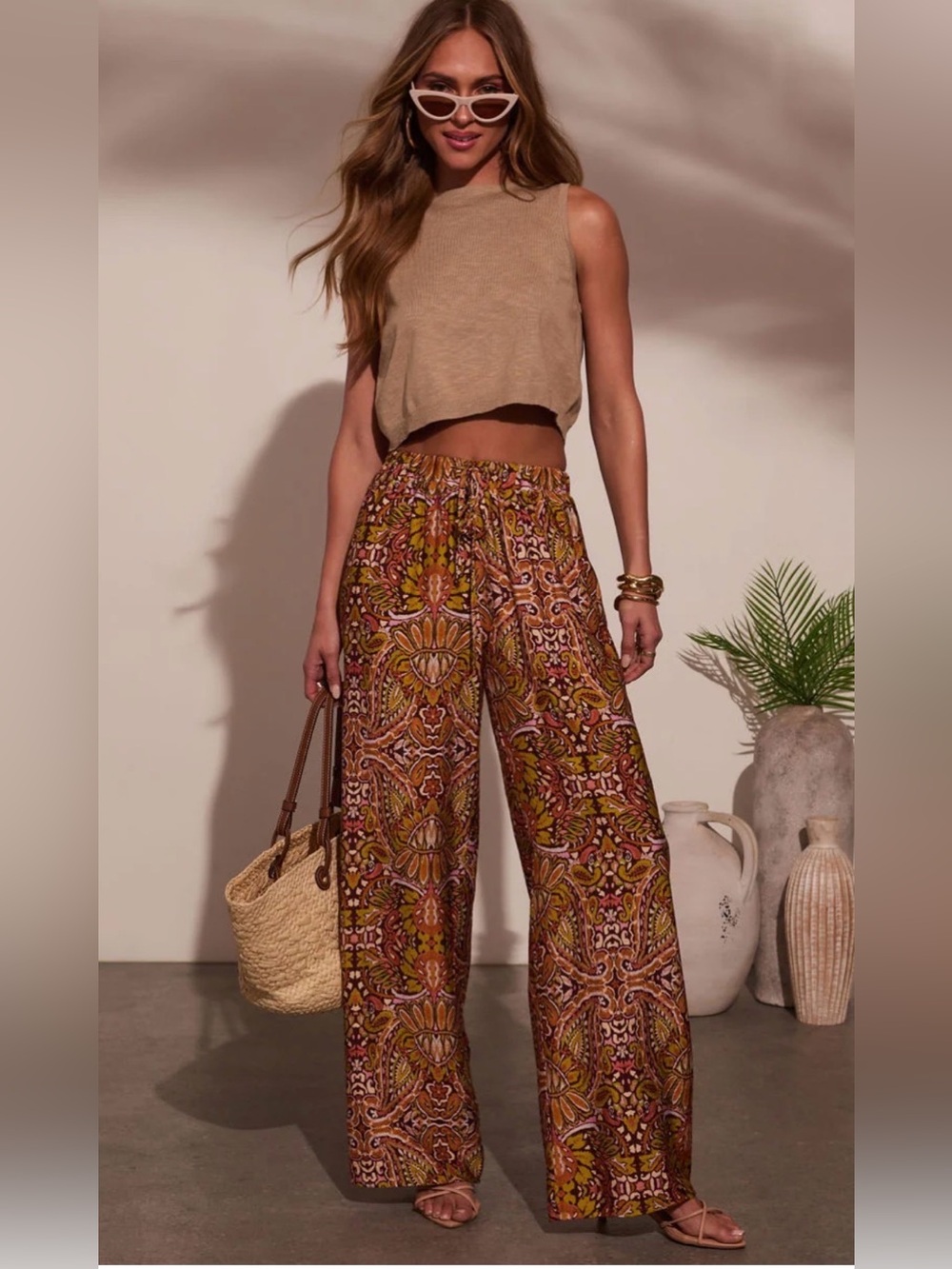 Vici Brown Multi Boho Wide Leg Pants